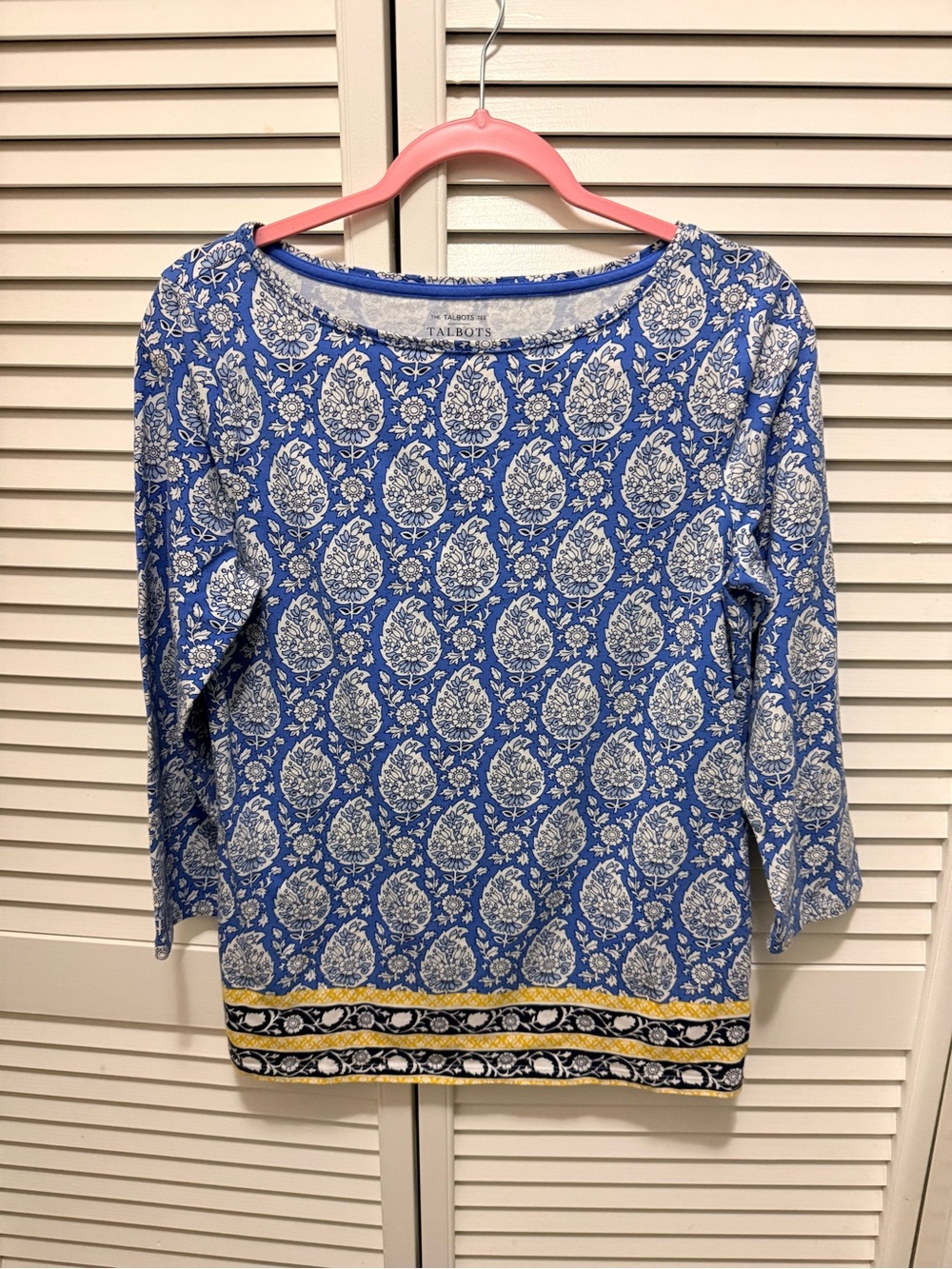 Talbots Blue Paisley-Print Boatneck Top with Border Sz M